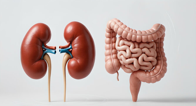 This image presents a realistic 3D depiction of human kidneys and intestines side by side, emphasizing the gut-kidney axis concept on a light blue gradient background.
