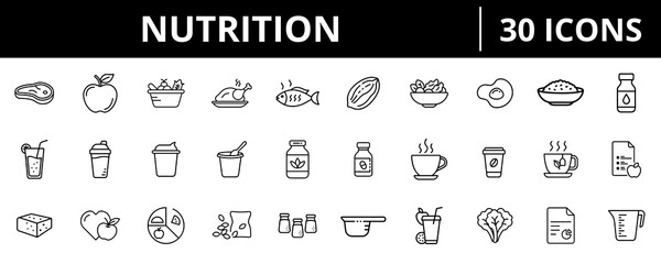 Set of 30 minimalist outline icons representing nutrition, healthy eating, and wellness.