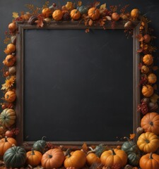 Rustic chalkboard frame overflowing with various sized pumpkins and gourds, autumn leaves scattered around ,  home,  rich