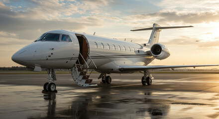 Fototapeta premium Private Jet Luxury: Awaiting Flight at Sunset | Business Aviation, Corporate Travel, VIP Transport, Airport Scene