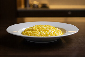 A professional, high-quality, close-up photograph of a single plate of Risotto alla Milanese, an Italian culinary delight.