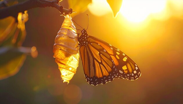 Macro shot of a butterfly emerging from its chrysalis at golden hour