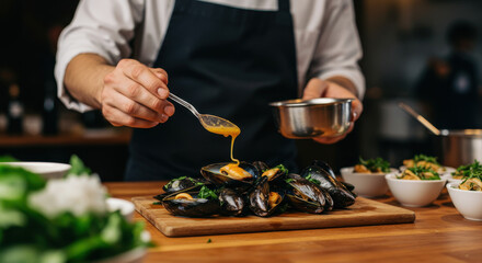 Mussels Perfection: Chef Drizzling Golden Sauce on Delicious Mussels | Seafood, Gourmet, Restaurant