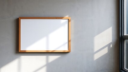 plain wooden frame containing blank white paper hanging on a grey concrete wall,3d,design,