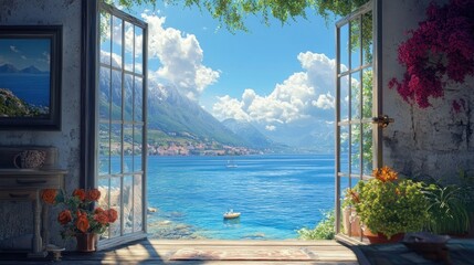 the beauty of the mountains and the sea from the door