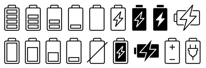 Battery icon set. Battery Full charge indicator or low charge sign. Level battery Energy powerfully full.