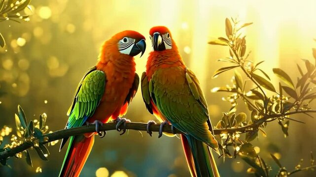 Vibrant parrots sharing affectionate moments on sunlit branch in serene nature