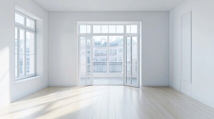 Obraz premium Empty, bright, modern room with large windows and patio doors