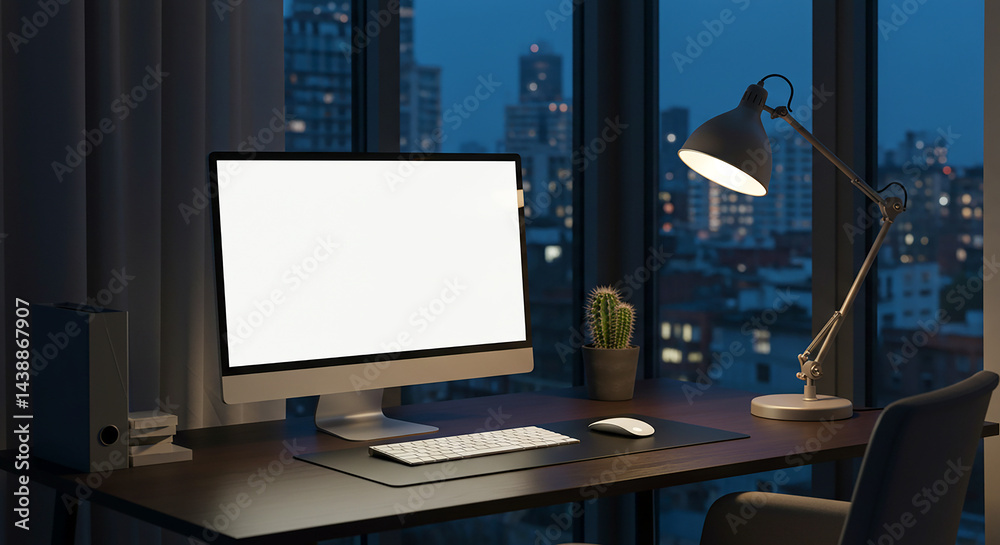 Poster Modern workplace setup with blank computer screen at night in office with city view