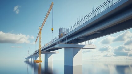 Obraz premium Modern highway bridge under construction over water.