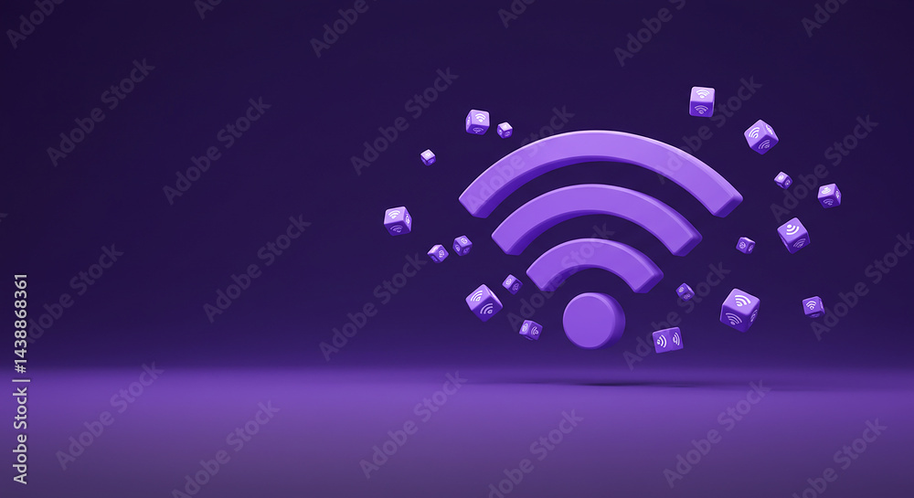 Aufkleber purple wifi symbol surrounded by cubes with wifi symbol on purple background