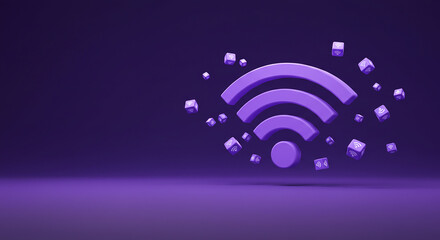 Purple wifi symbol surrounded by cubes with wifi symbol on purple background