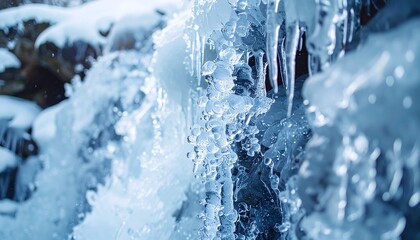 Frozen waterfall mid-winter with intricate ice patterns and trapped bubbles