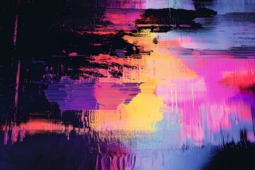 Obraz premium Vibrant glitch art abstract painting with pink purple and yellow hues showcasing digital texture and brushstrokes in a