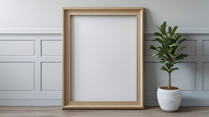 Blank Canvas in a Refined Room: A blank art frame stands next to a potted plant inside a classy room, offering a blank canvas and design inspiration.