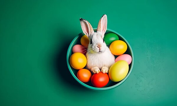 Adorable bunny nestled among vibrant easter eggs on a green background