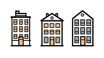 Three simple building icons; apartment, townhouse, and house.