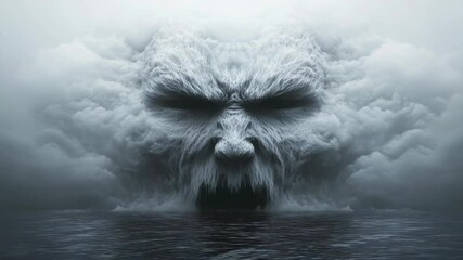 A colossal grimacing face made of stormy clouds emerges over a dark ocean, creating a dramatic surreal and ominous atmosphere. - Powered by Adobe