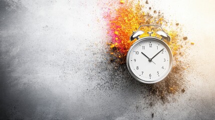 Alarm Clock Surrounded by Colorful Powder Explosions on Background