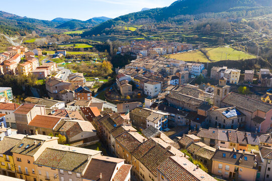 Landscape of residential part of La Pobla de Lillet . Shooting with drone from sky