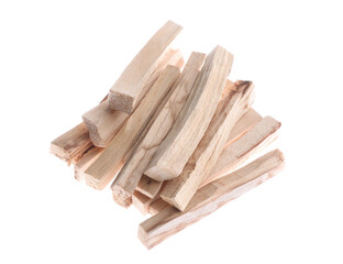 Pile of palo santo sticks on white background