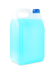 Antifreeze in plastic canister isolated on white