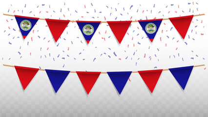Vector illustration of the country flag of Belize with confetti on transparent background. hanging triangular flag for Independence Day celebration.