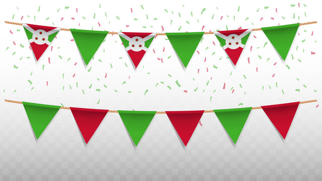Vector illustration of the country flag of Burundi with confetti on transparent background. hanging triangular flag for Independence Day celebration.