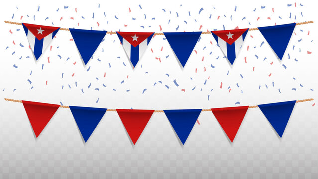 Vector illustration of the country flag of Cuba with confetti on transparent background. hanging triangular flag for Independence Day celebration.