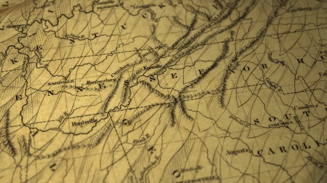 Map of early United States showing Kentucky, Tennessee, and Carolinas. Historical document flyover. 