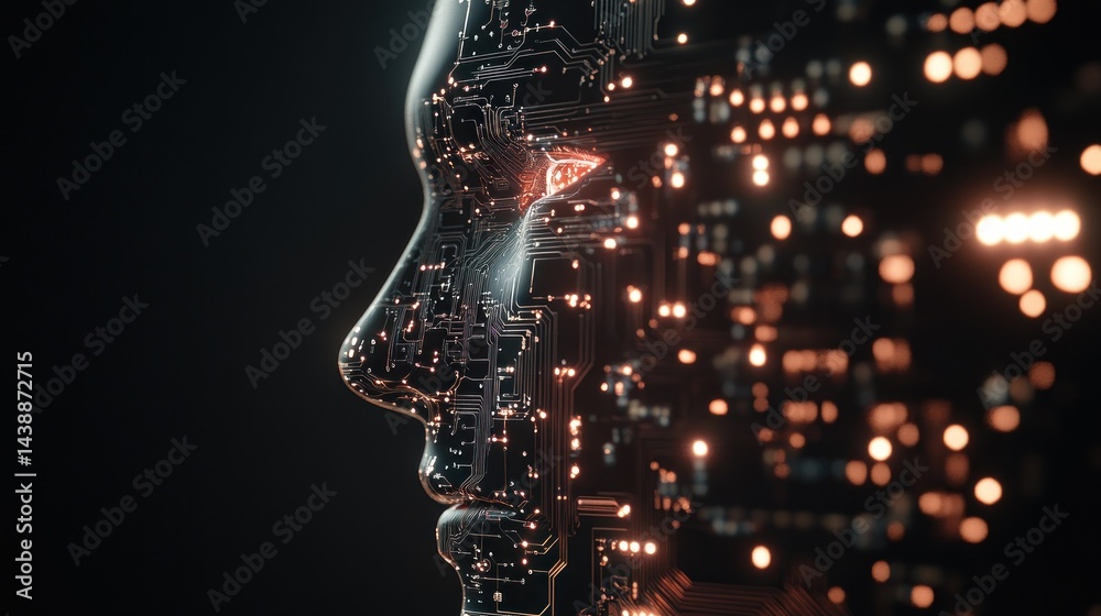 Poster a futuristic ai head, with glowing circuits and transparent features