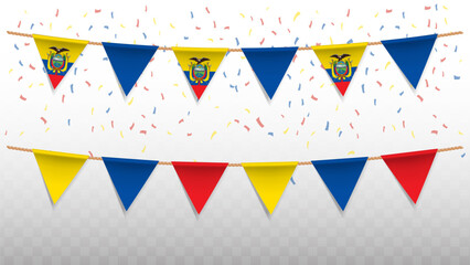 Vector illustration of the country flag of Ecuador with confetti on transparent background. hanging triangular flag for Independence Day celebration.