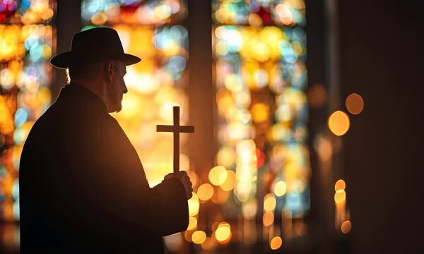 Silhouette of a clergyman holding a cross in front of vibrant stained glass windows