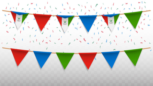 Vector illustration of the country flag of Equatorial Guinea with confetti on transparent background. hanging triangular flag for Independence Day celebration.