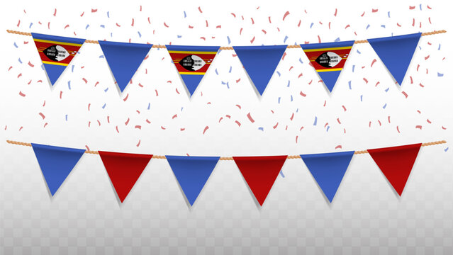 Vector illustration of the country flag of Eswatini with confetti on transparent background. hanging triangular flag for Independence Day celebration.