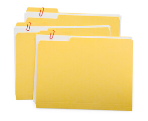 Three file folders with papers isolated on white, top view