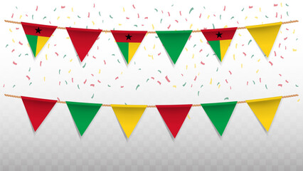 Vector illustration of the country flag of Guinea-Bissau with confetti on transparent background. hanging triangular flag for Independence Day celebration.