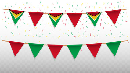 Vector illustration of the country flag of Guyana with confetti on transparent background. hanging triangular flag for Independence Day celebration.