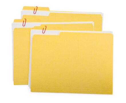 Three file folders with papers isolated on white, top view