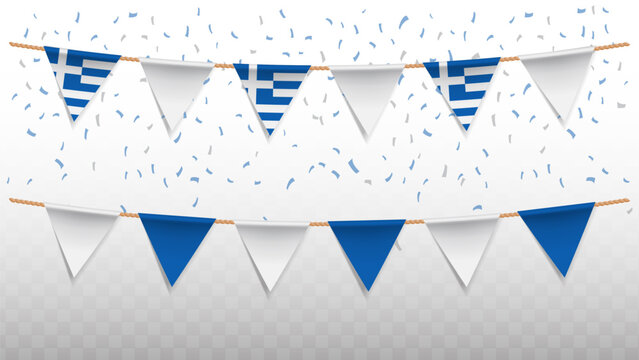 Vector illustration of the country flag of Greece with confetti on transparent background. hanging triangular flag for Independence Day celebration.