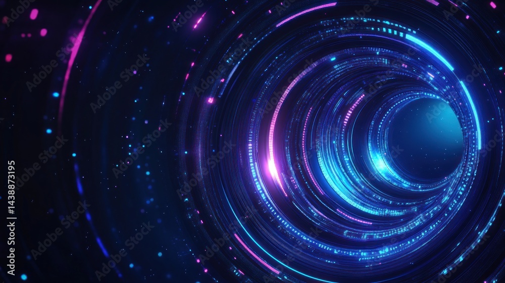 Poster abstract digital tunnel with glowing rings and particles