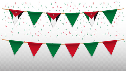 Vector illustration of the country flag of Jordan with confetti on transparent background. hanging triangular flag for Independence Day celebration.