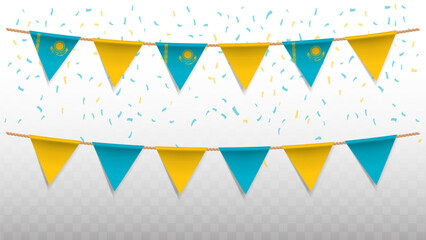 Vector illustration of the country flag of Kazakhstan with confetti on transparent background. hanging triangular flag for Independence Day celebration.