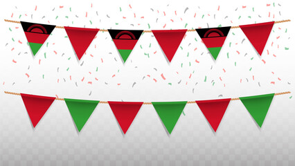 Vector illustration of the country flag of Malawi with confetti on transparent background. hanging triangular flag for Independence Day celebration.