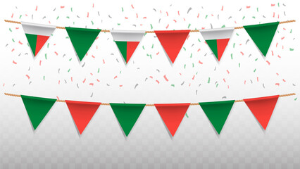Vector illustration of the country flag of Madagascar with confetti on transparent background. hanging triangular flag for Independence Day celebration.