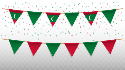 Vector illustration of the country flag of Maldives with confetti on transparent background. hanging triangular flag for Independence Day celebration.