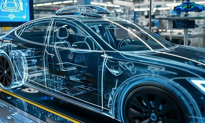 Futuristic electric car assembly line with digital interface animation in hightech factory - Powered by Adobe