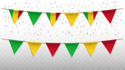 Vector illustration of the country flag of Mali with confetti on transparent background. hanging triangular flag for Independence Day celebration.