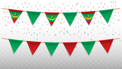 Vector illustration of the country flag of Mauritania with confetti on transparent background. hanging triangular flag for Independence Day celebration.