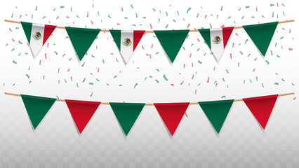 Vector illustration of the country flag of Mexico with confetti on transparent background. hanging triangular flag for Independence Day celebration.